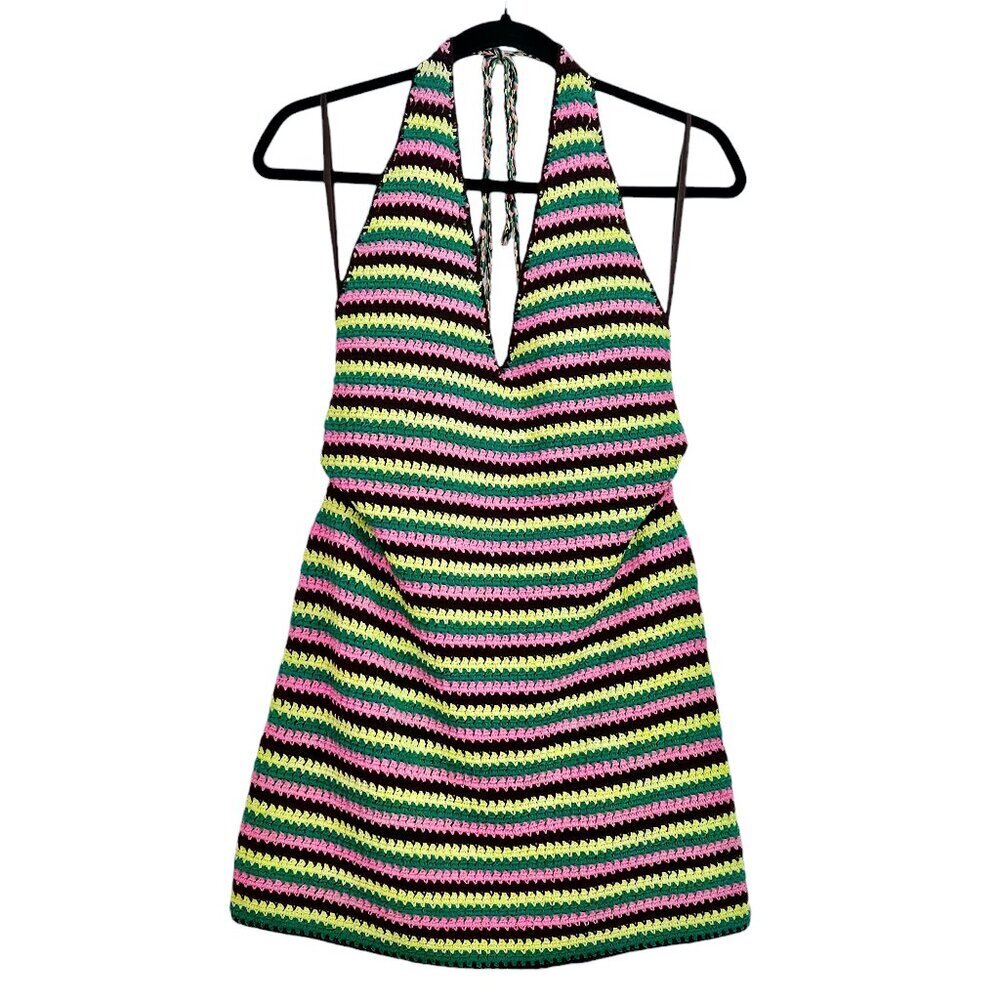 Frame x Julia Sarr Jamois Pink Green Striped Crochet Halter Mini Dress Size M - Picture 3 of 11